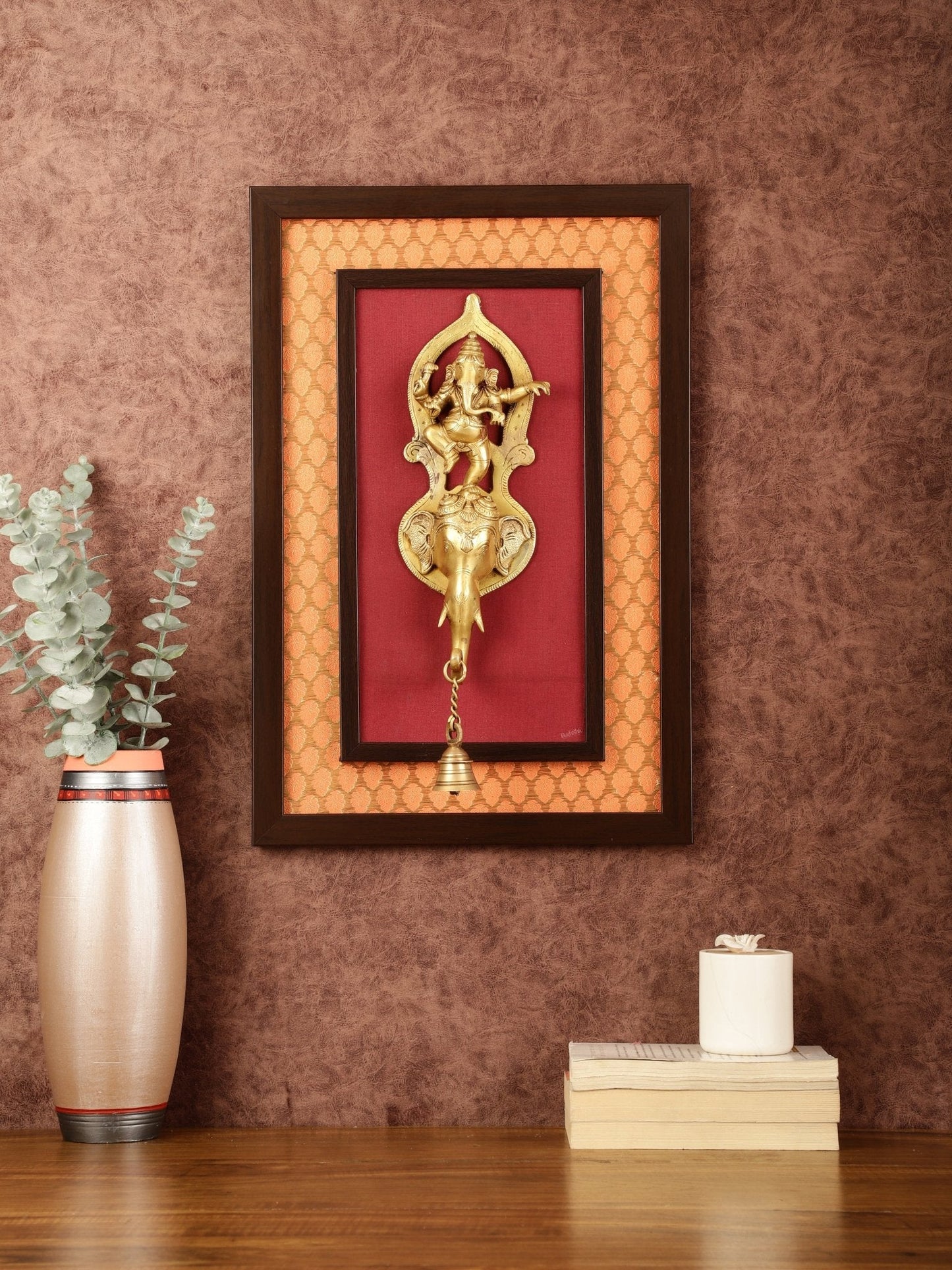 Brass Dancing Ganesha Wall Hanging on Wooden Frame with Premium Fabric - 20" x 13.5" | 100% Certified Copper & Brass - Sama Homes Idol - Brass Sculpture