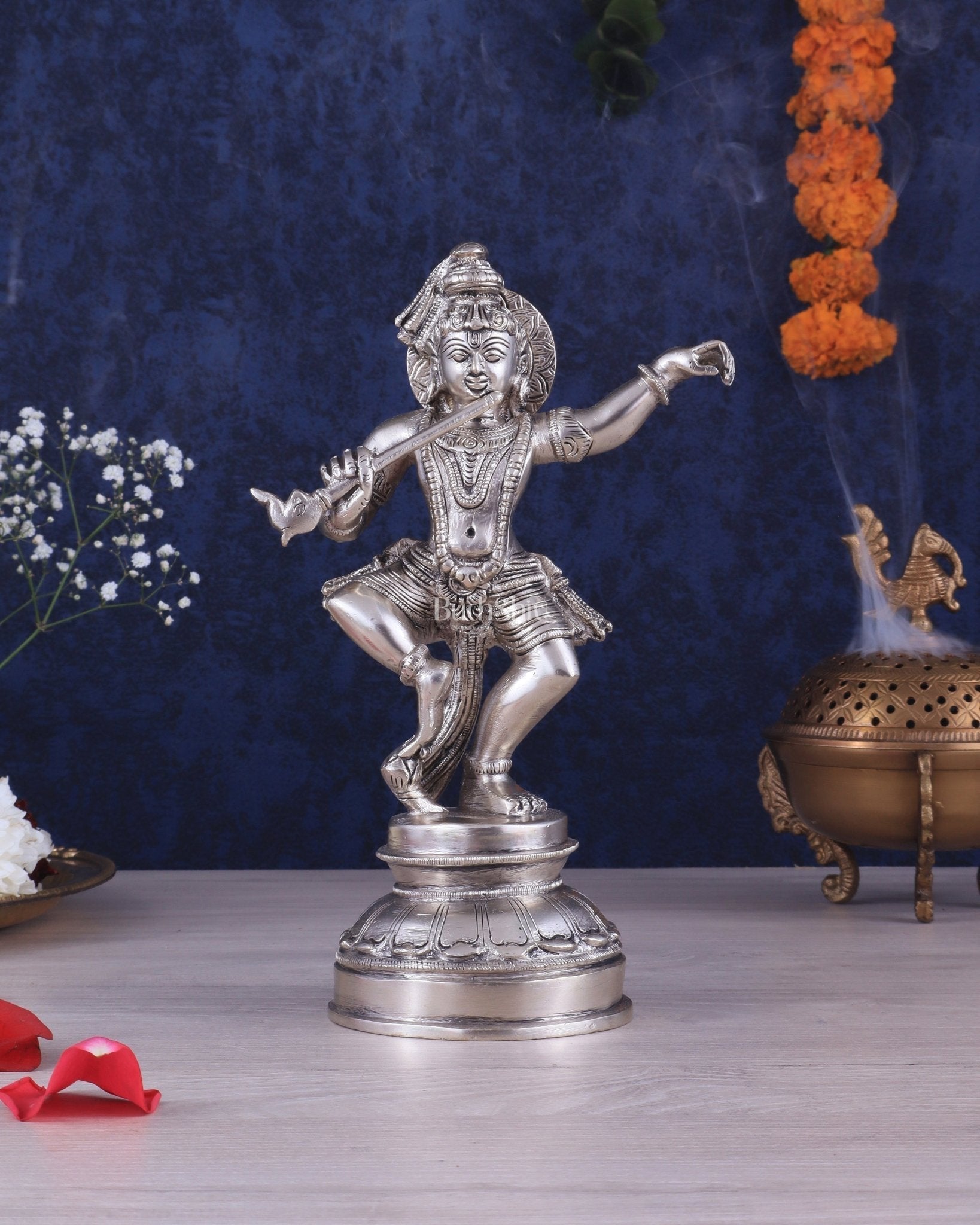Brass Dancing Krishna Idol | Height: 9 inch with silver plated | 100% Certified Copper & Brass - Sama Homes Idol - Brass Sculpture - Eco-friendly - Sama Homes