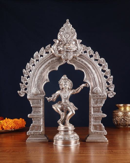 Brass Dancing Lord Krishna & Silver-Plated Prabhavali Arch Frame – Divine Combo 17" | 100% Certified Copper & Brass - Sama Homes Idol - Brass Sculpture