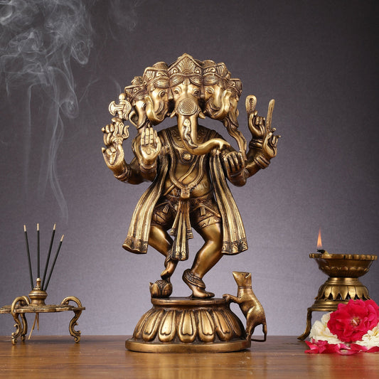 Brass Dancing Panchmukhi Ganesha Statue - 15 Inch tall | 100% Certified Copper & Brass - Sama Homes Idol - Brass Sculpture