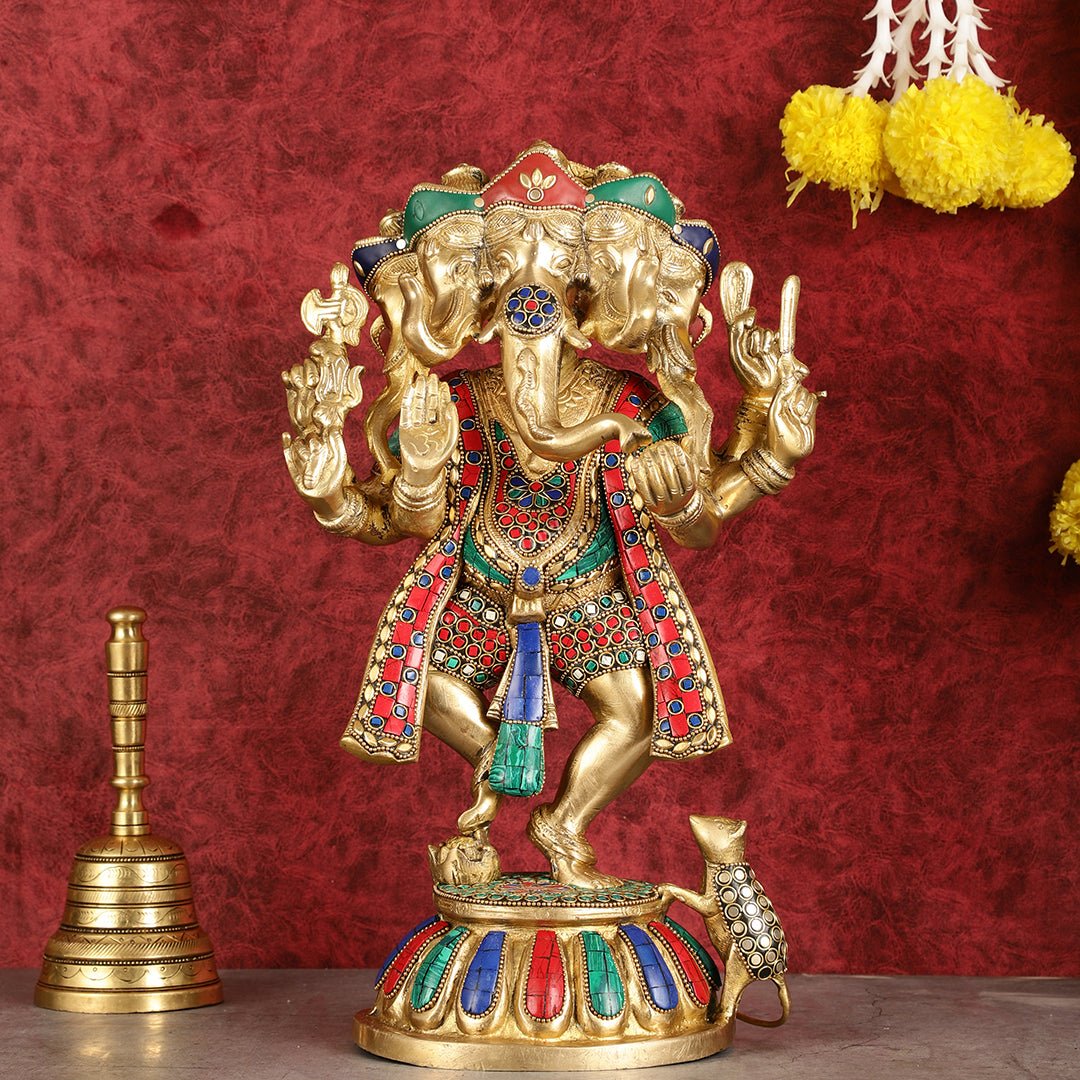 Brass Dancing Panchmukhi Ganesha Statue - 15 Inch with stonework | 100% Certified Copper & Brass - Sama Homes Idol - Brass Sculpture