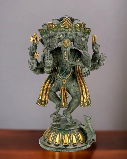 Brass Dancing Panchmukhi Ganesha Statue - 15 Inches | 100% Certified Copper & Brass - Sama Homes Idol - Brass Sculpture