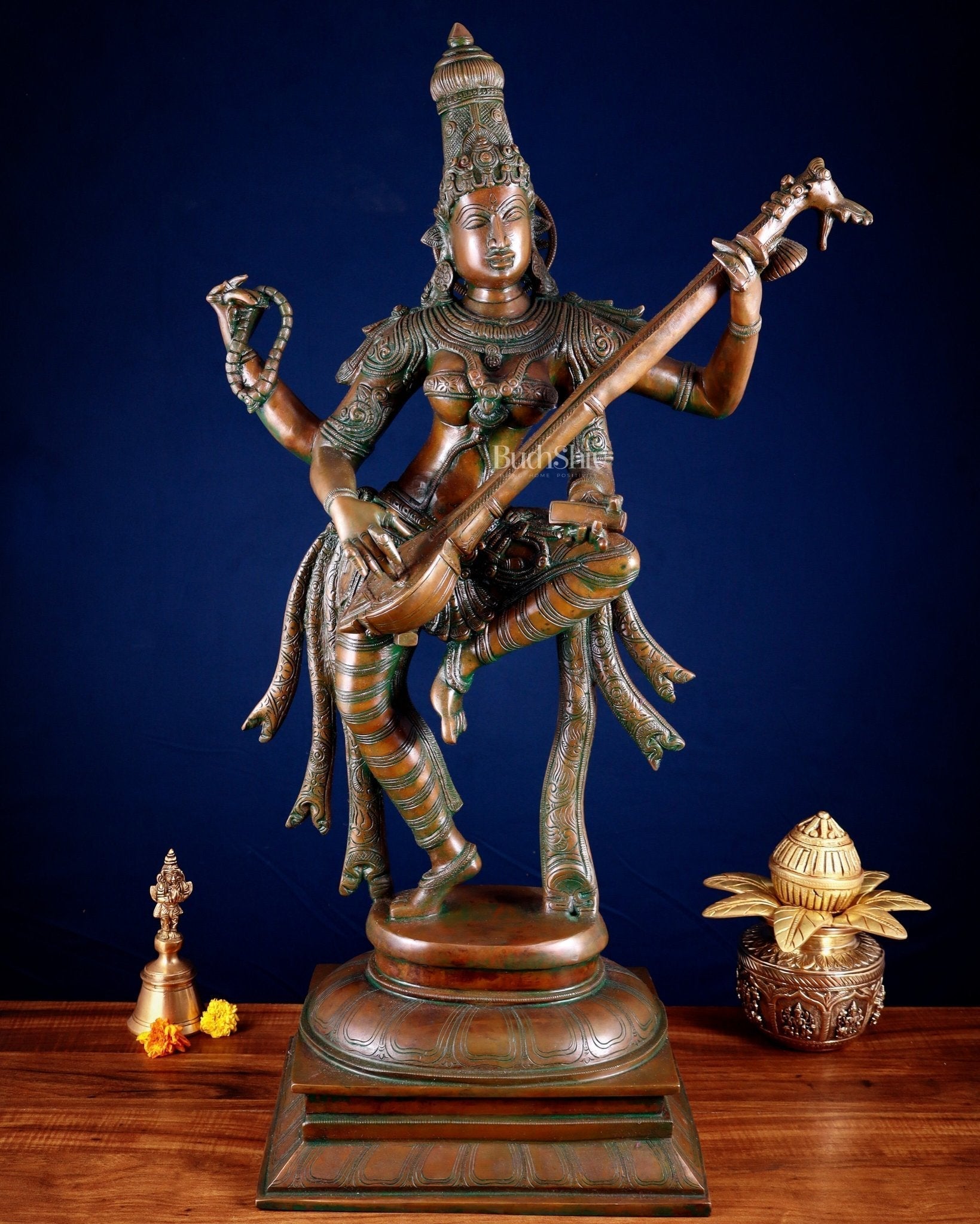 Brass Dancing Saraswati Idol 32" added copper | 100% Certified Copper & Brass - Sama Homes Idol - Brass Sculpture - Eco-friendly - Sama Homes
