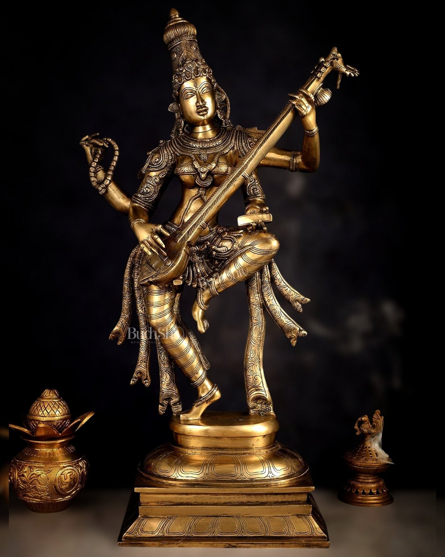 Brass Dancing Saraswati Idol 32" | 100% Certified Copper & Brass - Sama Homes Idol - Brass Sculpture
