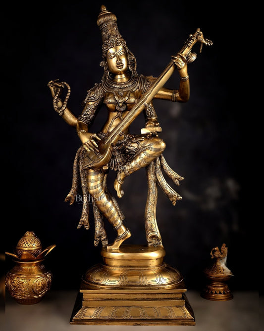 Brass Dancing Saraswati Idol 32" | 100% Certified Copper & Brass - Sama Homes Idol - Brass Sculpture