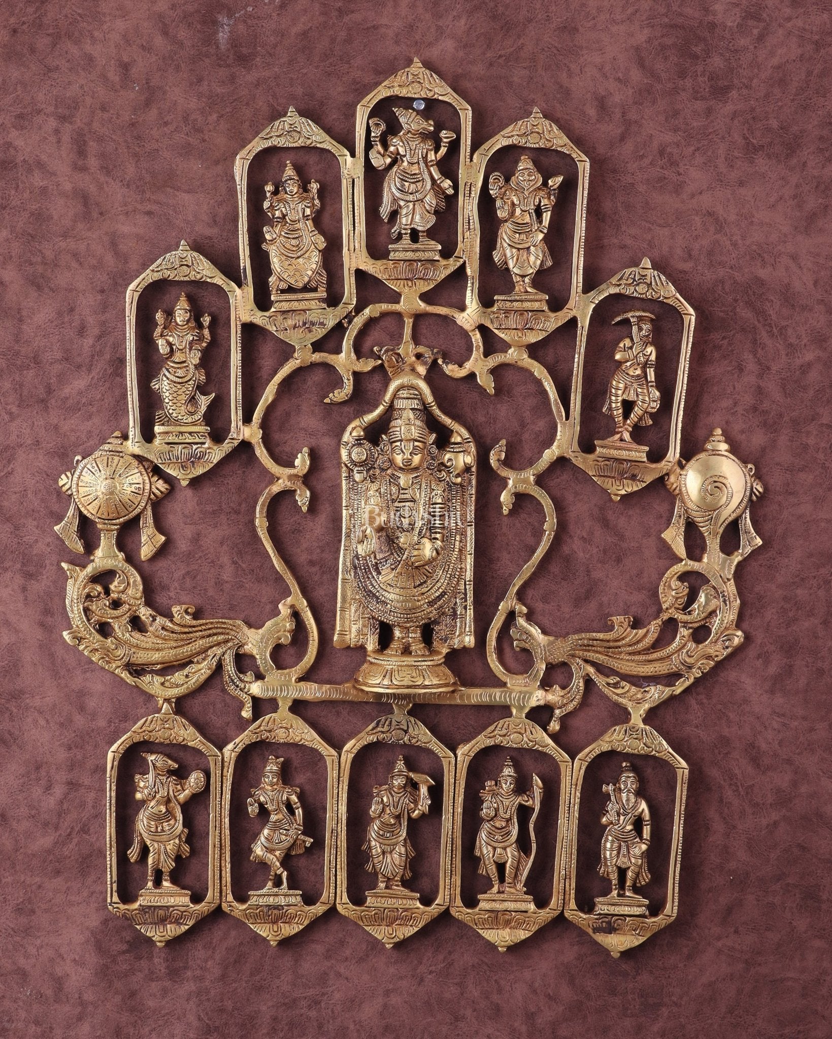 Brass Dashavatar Wall Hanging with Tirupati Balaji – 20"x 21.5" | 100% Certified Copper & Brass - Sama Homes Idol - Brass Sculpture - Eco-friendly - Sama Homes