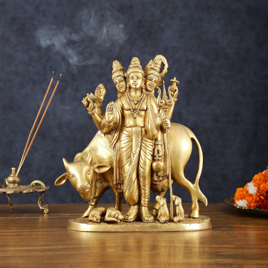 Brass Dattatreya Statue – 11" Tall, Handcrafted | 100% Certified Copper & Brass - Sama Homes Idol - Brass Sculpture