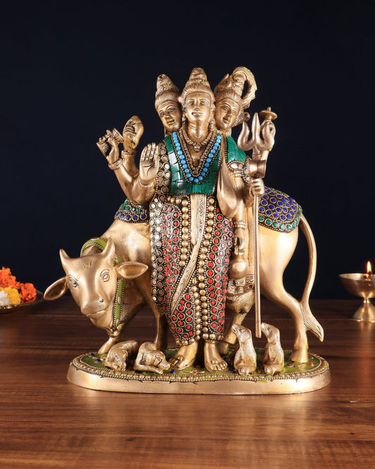 Brass Dattatreya Statue – 11" Tall with stonework | 100% Certified Copper & Brass - Sama Homes Idol - Brass Sculpture