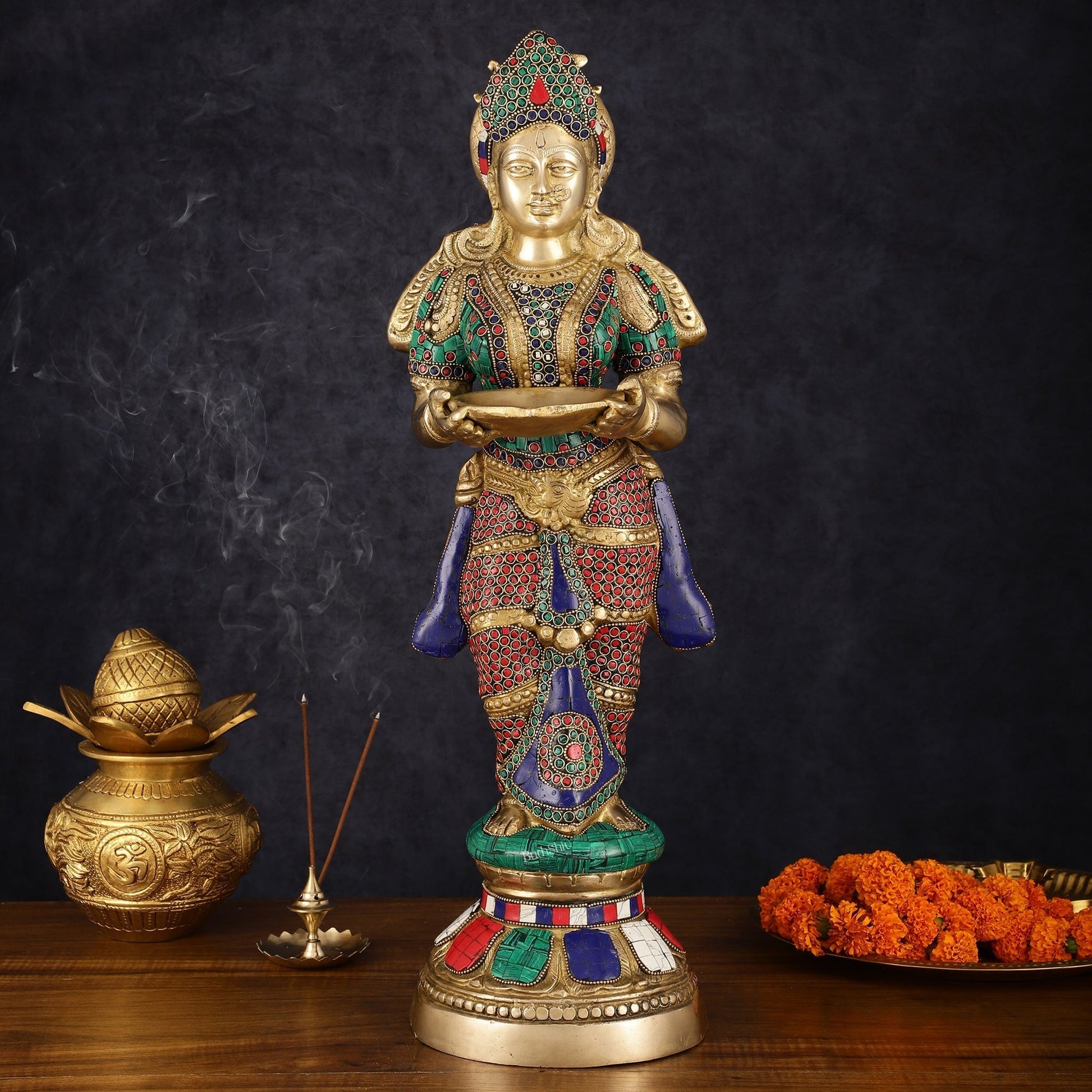 Brass Deep Lakshmi Pavaai Villaku with Intricate Stonework, 23" Height, 10 kgs | 100% Certified Copper & Brass - Sama Homes Idol - Brass Sculpture - Eco-friendly - Sama Homes