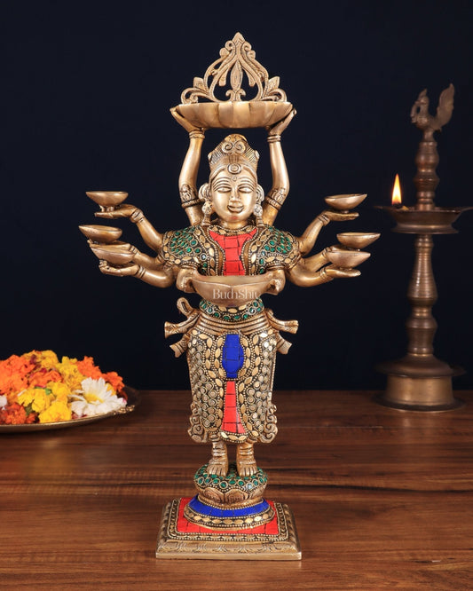 Brass Deep Lakshmi with Ten Hands Idol 15" stonework | 100% Certified Copper & Brass - Sama Homes Idol - Brass Sculpture