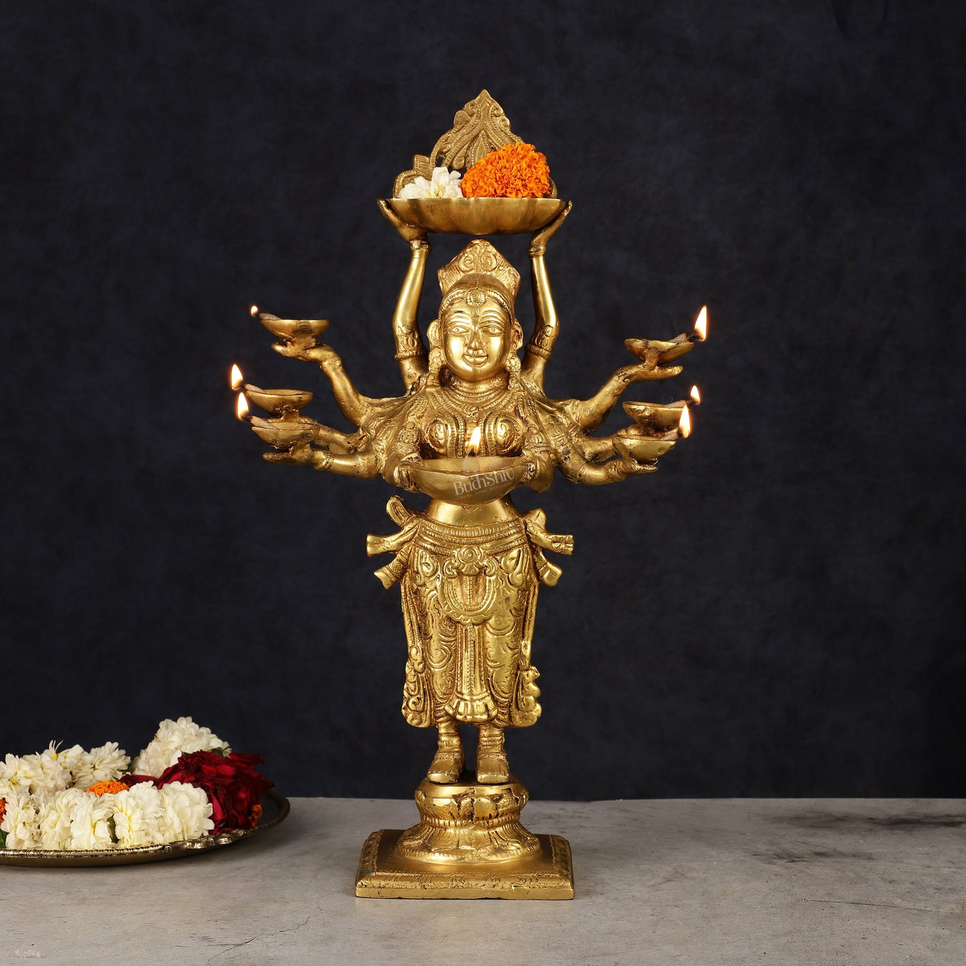 Brass Deep Lakshmi with Ten Hands Idol 15" | 100% Certified Copper & Brass - Sama Homes Idol - Brass Sculpture - Eco-friendly - Sama Homes