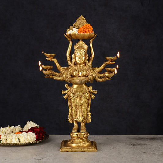 Brass Deep Lakshmi with Ten Hands Idol 15" | 100% Certified Copper & Brass - Sama Homes Idol - Brass Sculpture
