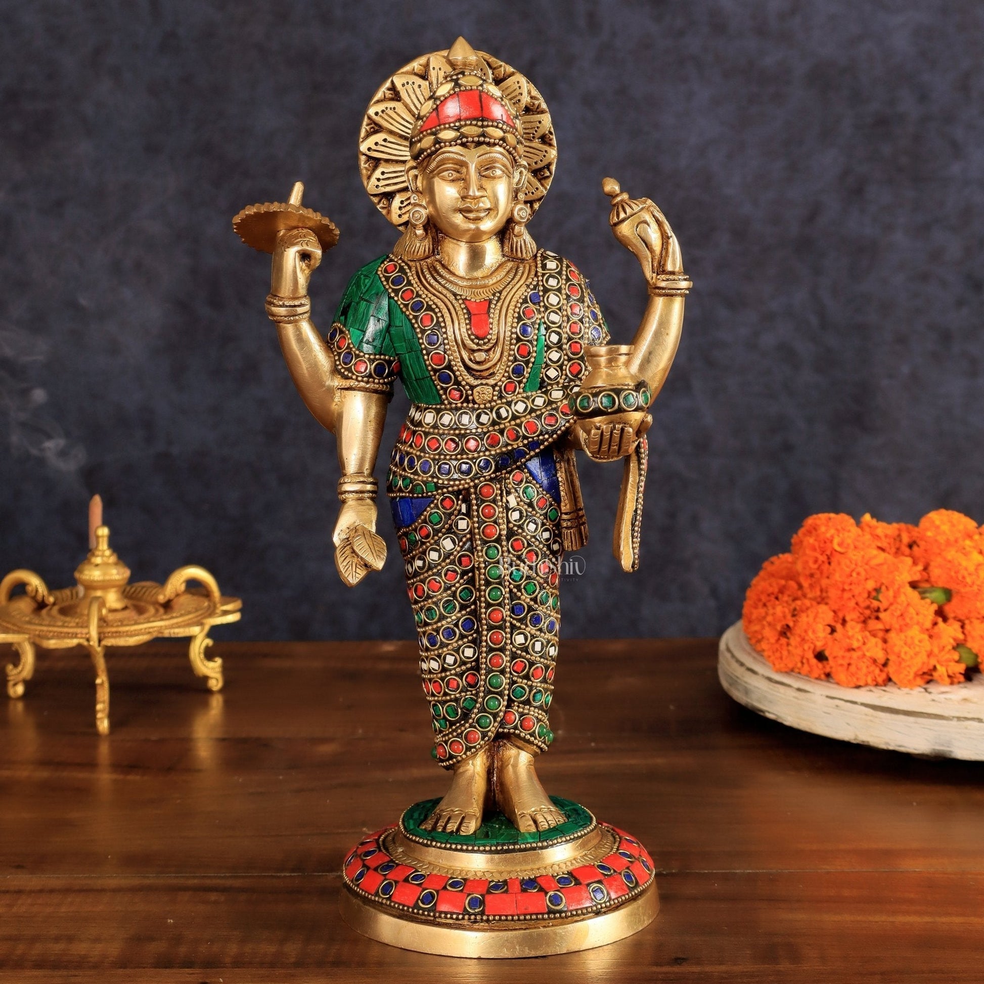 Brass Dhanvantari Statue - 12.5 Inch with stonework | 100% Certified Copper & Brass - Sama Homes Idol - Brass Sculpture - Eco-friendly - Sama Homes