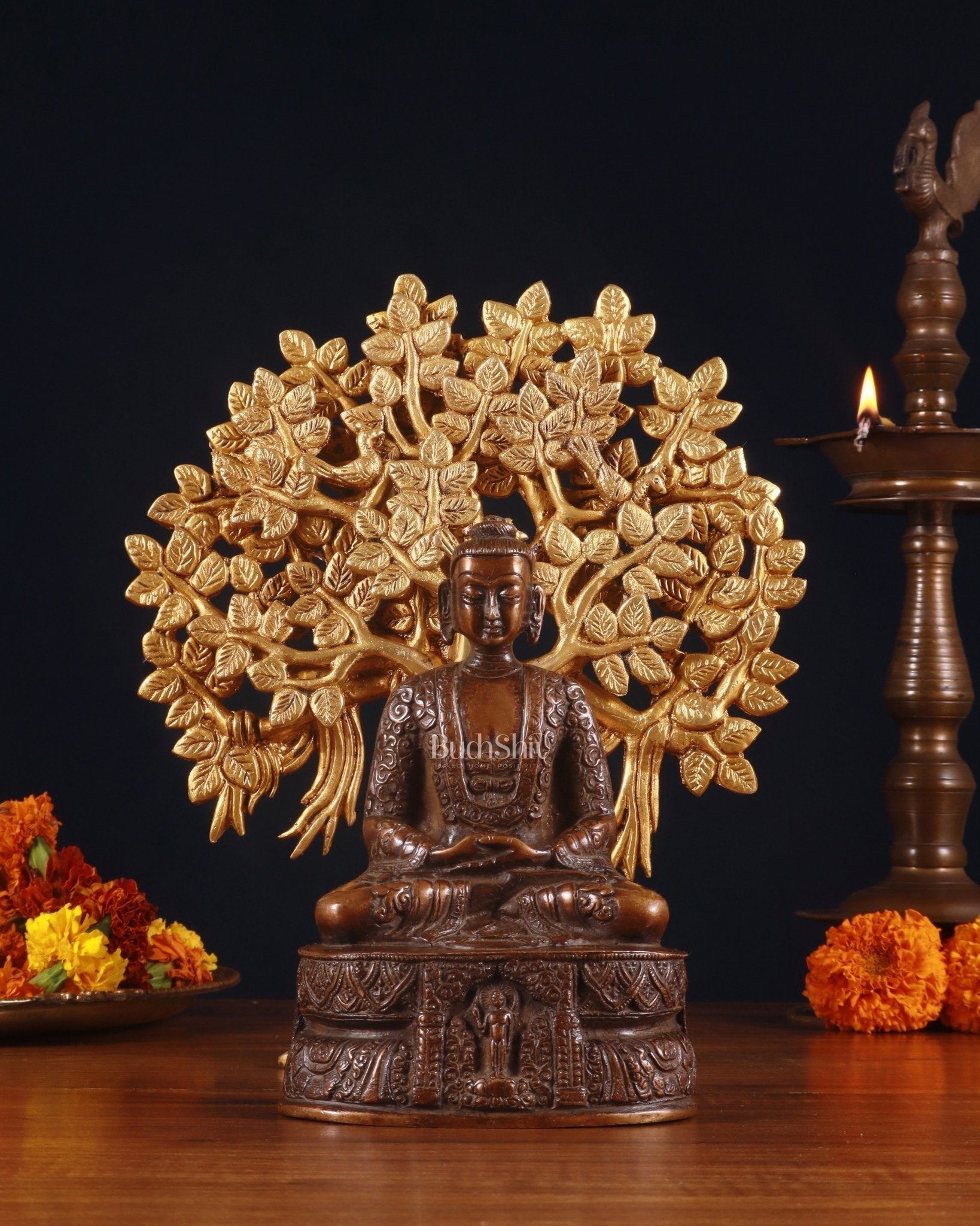 Brass Dual-Tone Meditation Buddha & Handcrafted Kalpavriksha Tree 11" | 100% Certified Copper & Brass - Sama Homes Idol - Brass Sculpture - Eco-friendly - Sama Homes