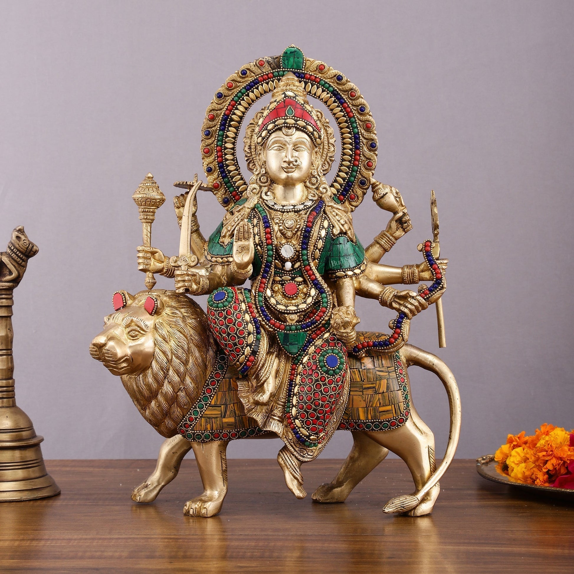 Brass Durga Mata Idol - 15" Divine Sherawali mata | 100% Certified Copper & Brass - Sama Homes Idol - Brass Sculpture - Eco-friendly - Sama Homes