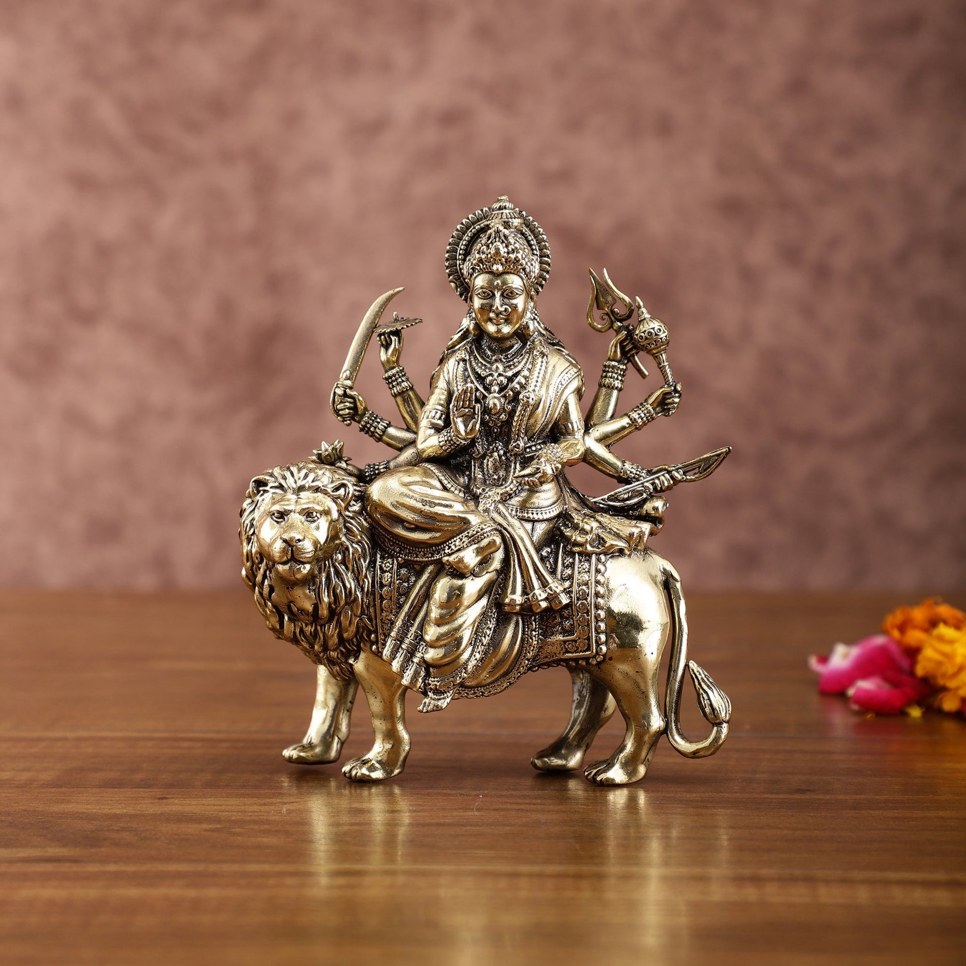 Brass Durga on Lion Idol – 6 Inches, Superfine Lightweight | 100% Certified Copper & Brass - Sama Homes Idol - Brass Sculpture - Eco-friendly - Sama Homes