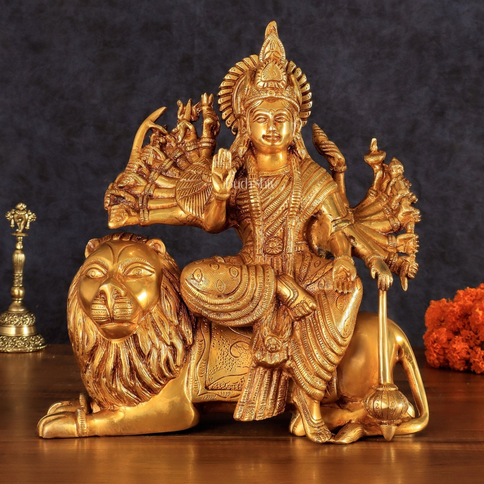 Brass Durga with Eighteen Arms with sitting Lion Idol - 12 Inch | 100% Certified Copper & Brass - Sama Homes Idol - Brass Sculpture - Eco-friendly - Sama Homes