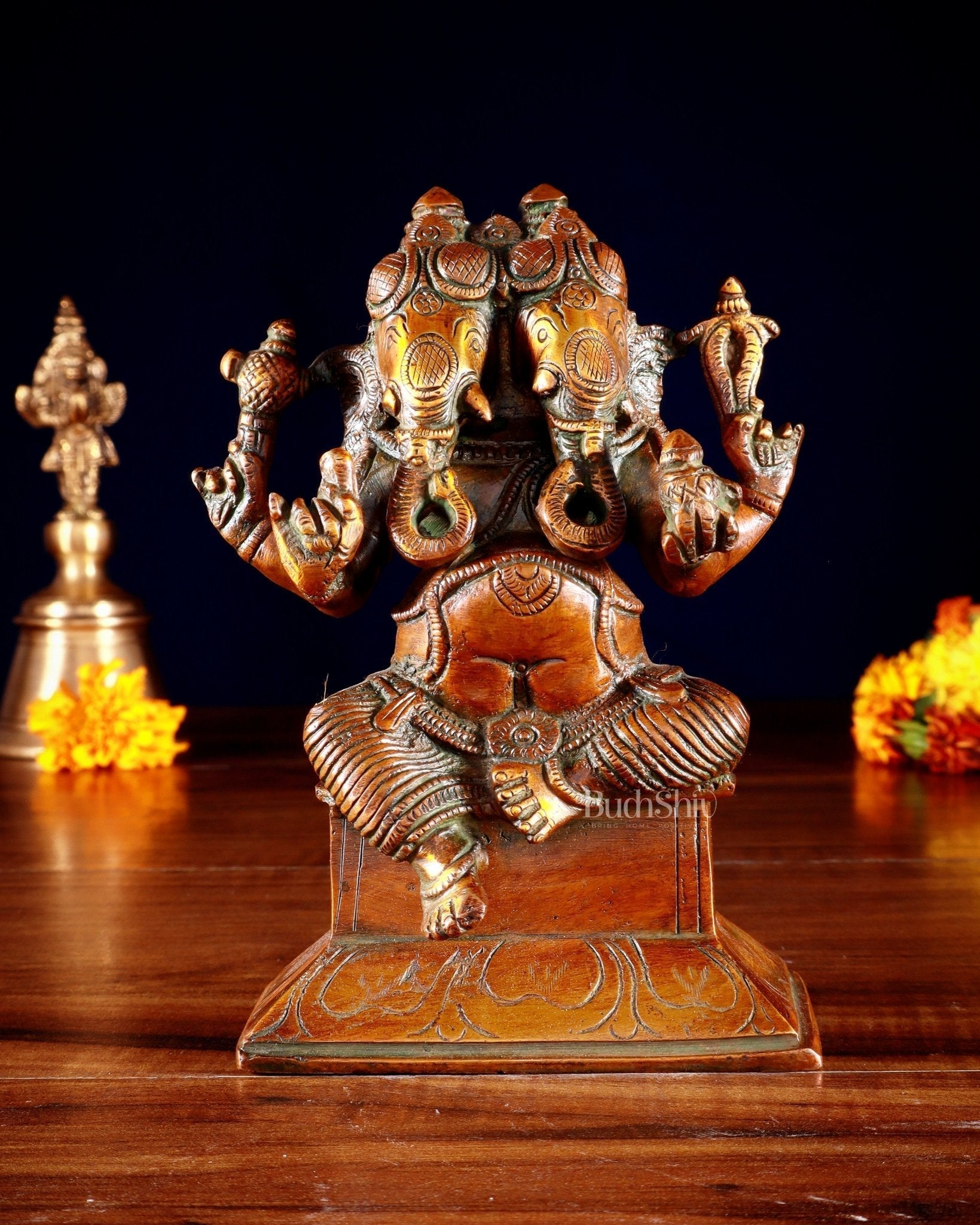 Brass Dvimukha Ganapati Statue – Two-Faced Form with Dual Trunk Direction 6" | 100% Certified Copper & Brass - Sama Homes Idol - Brass Sculpture - Eco-friendly - Sama Homes