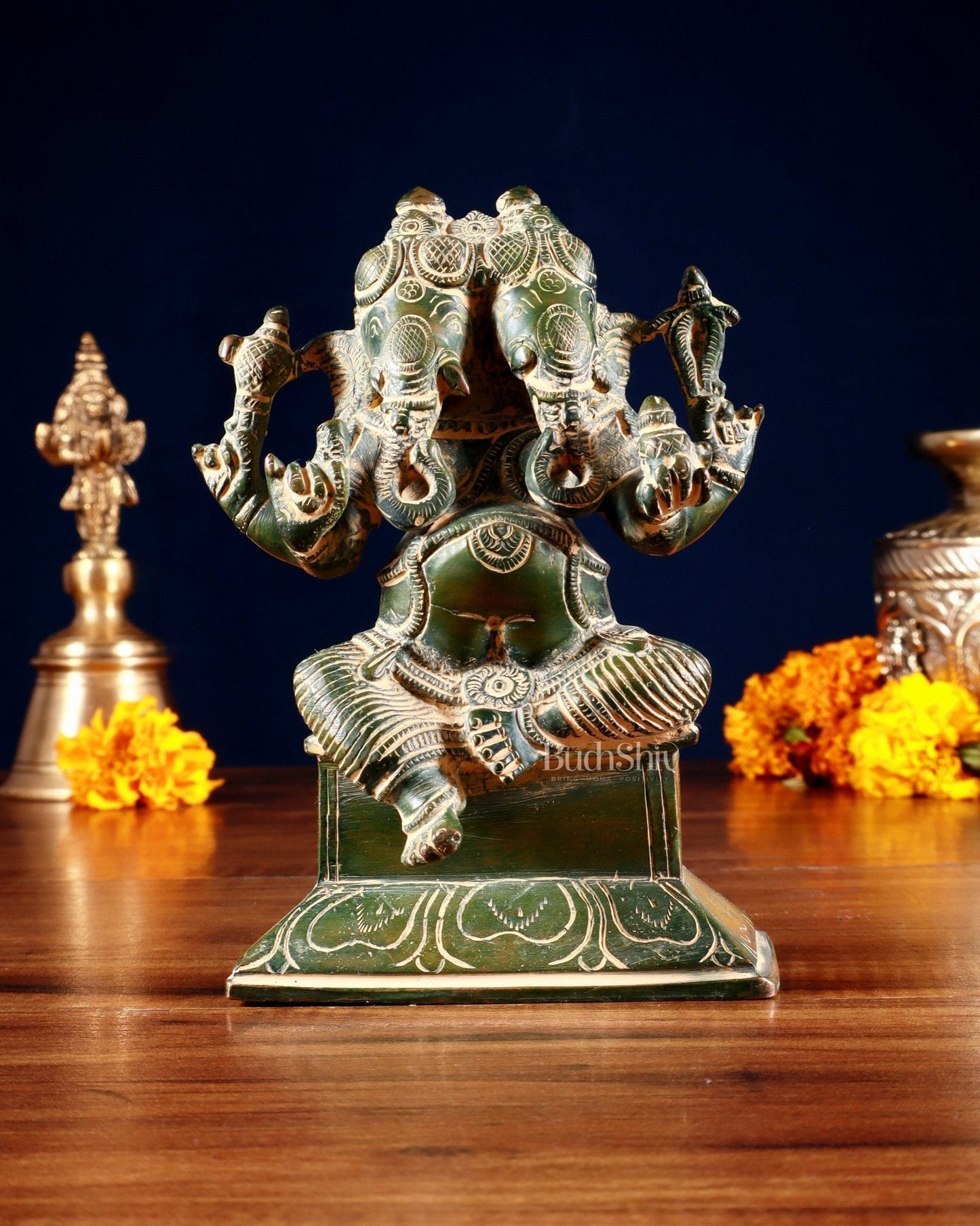 Brass Dvimukha Ganapati Statue – Two-Faced Form with Dual Trunk Direction 6" | 100% Certified Copper & Brass - Sama Homes Idol - Brass Sculpture