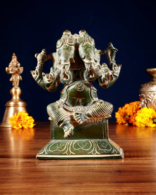 Brass Dvimukha Ganapati Statue – Two-Faced Form with Dual Trunk Direction 6" | 100% Certified Copper & Brass - Sama Homes Idol - Brass Sculpture