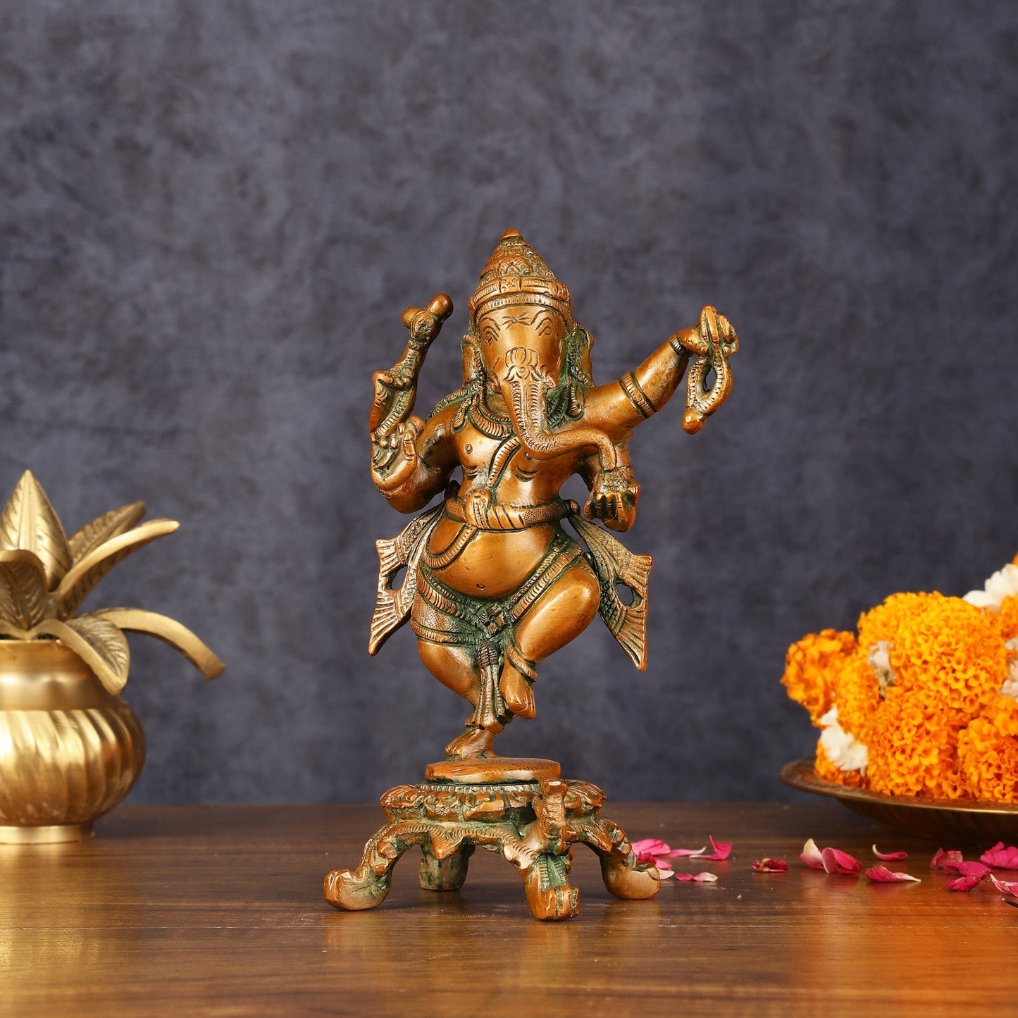 Brass Elegant Dancing Ganapati Statue - Vintage Bronze Finish, 8" | 100% Certified Copper & Brass - Sama Homes Idol - Brass Sculpture