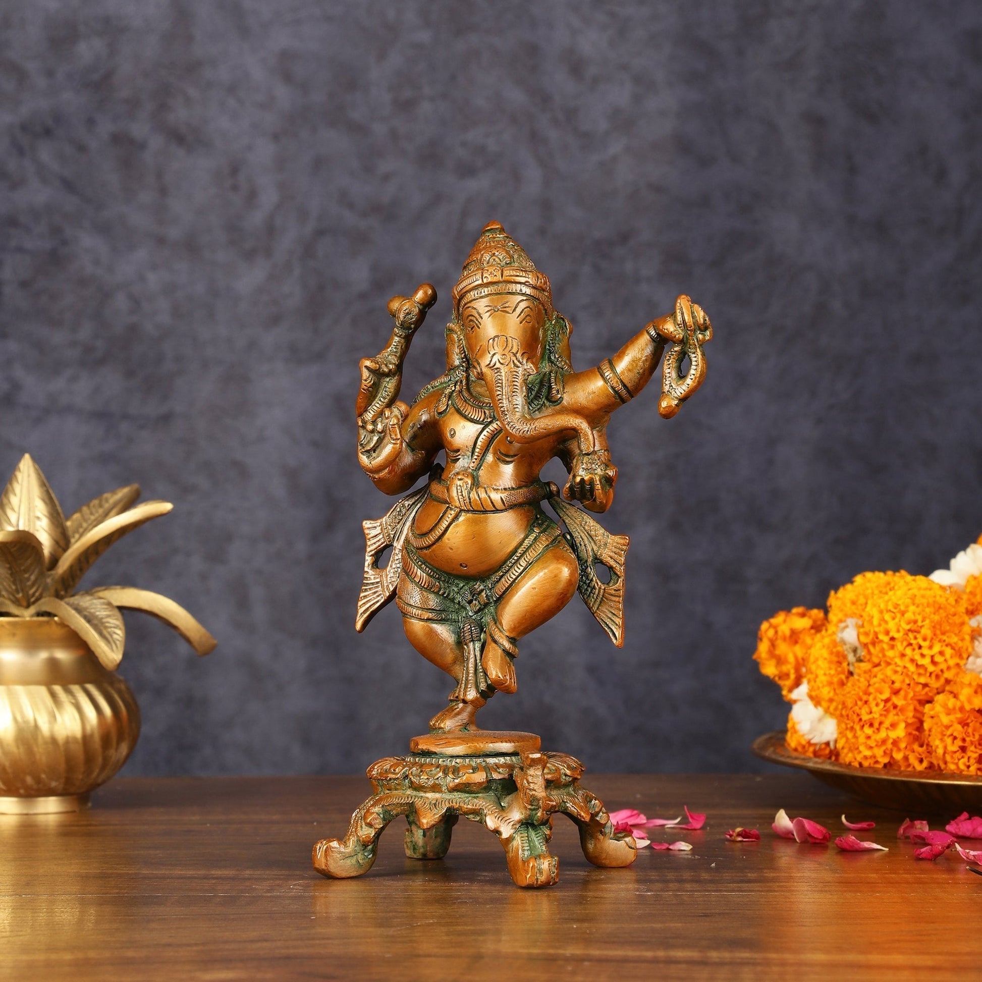 Brass Elegant Dancing Ganapati Statue - Vintage Bronze Finish, 8" | 100% Certified Copper & Brass - Sama Homes Idol - Brass Sculpture - Eco-friendly - Sama Homes
