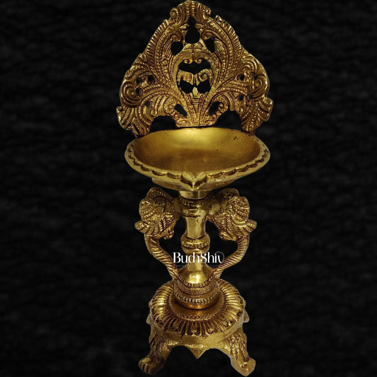 Sama Homes-brass engraved diya with a stand peacock and floral design 9 inch