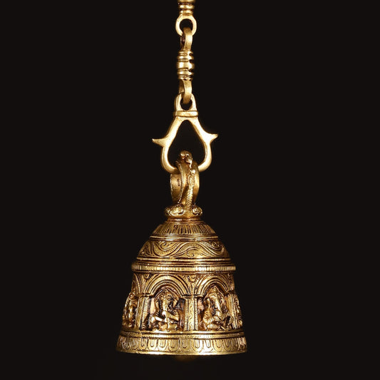Brass Engraved Ganesha as Musicians Hanging Temple Bell | 100% Certified Copper & Brass - Sama Homes Idol - Brass Sculpture