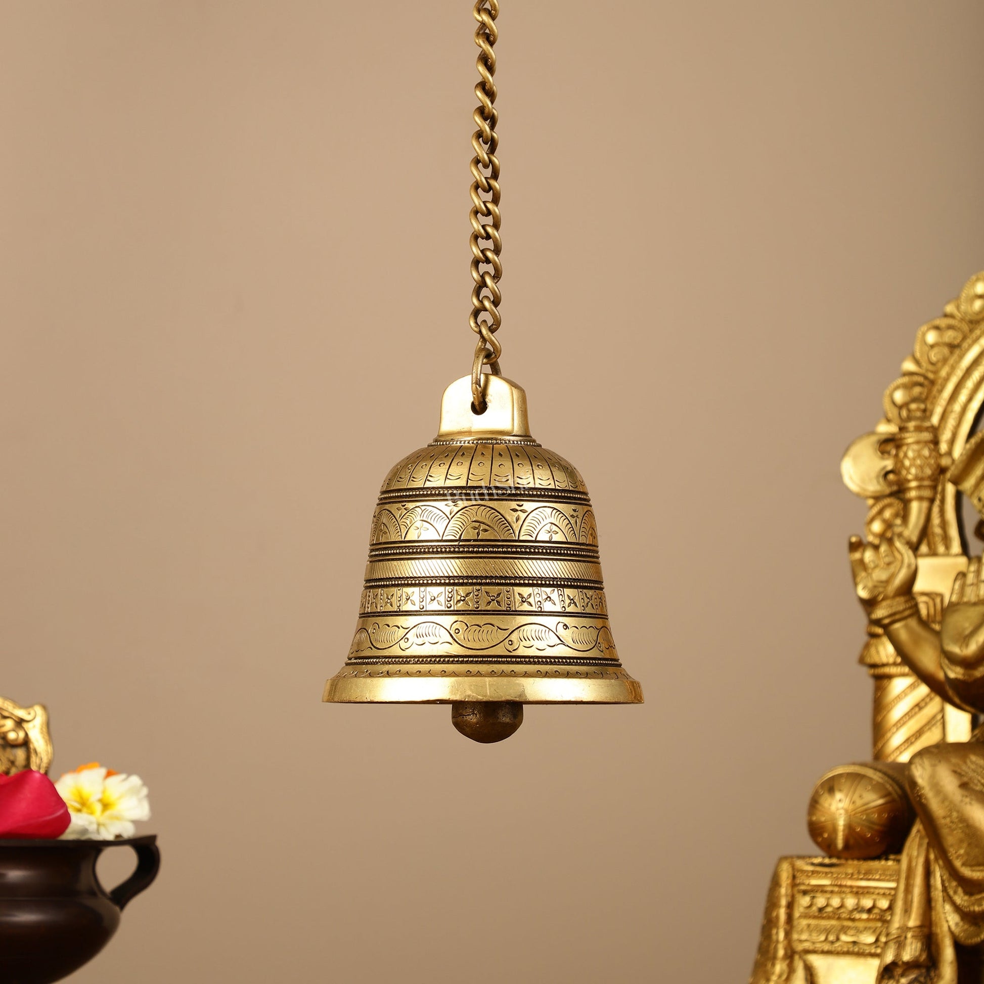 Brass Engraved hanging bell 4.5 inch diameter - Eco-friendly - Sama Homes