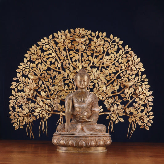 Brass Enlightened Nirvana Buddha Statue & Superfine Kalpavriksha Tree – Spiritual Decor Set | 100% Certified Copper & Brass - Sama Homes Idol - Brass Sculpture