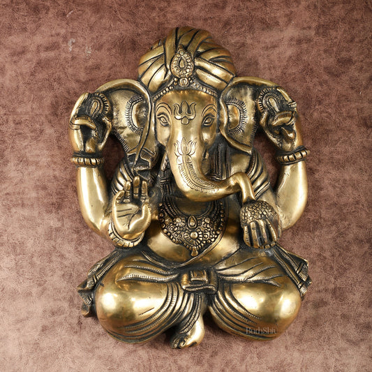 Brass Full Body Lord Ganesha Wall Hanging – 14 Inch | 100% Certified Copper & Brass - Sama Homes Idol - Brass Sculpture