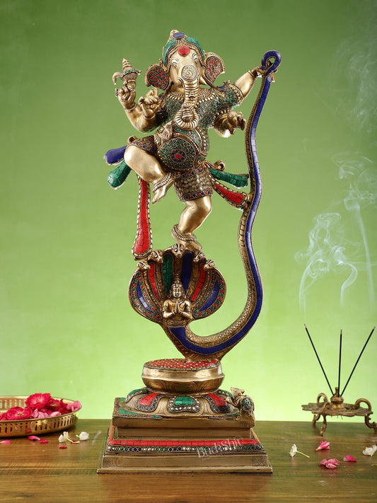 Exquisite Brass Statue of Ganapathi Dancing on Vasuki Naga 26" - Sama Homes Idol - Brass Sculpture