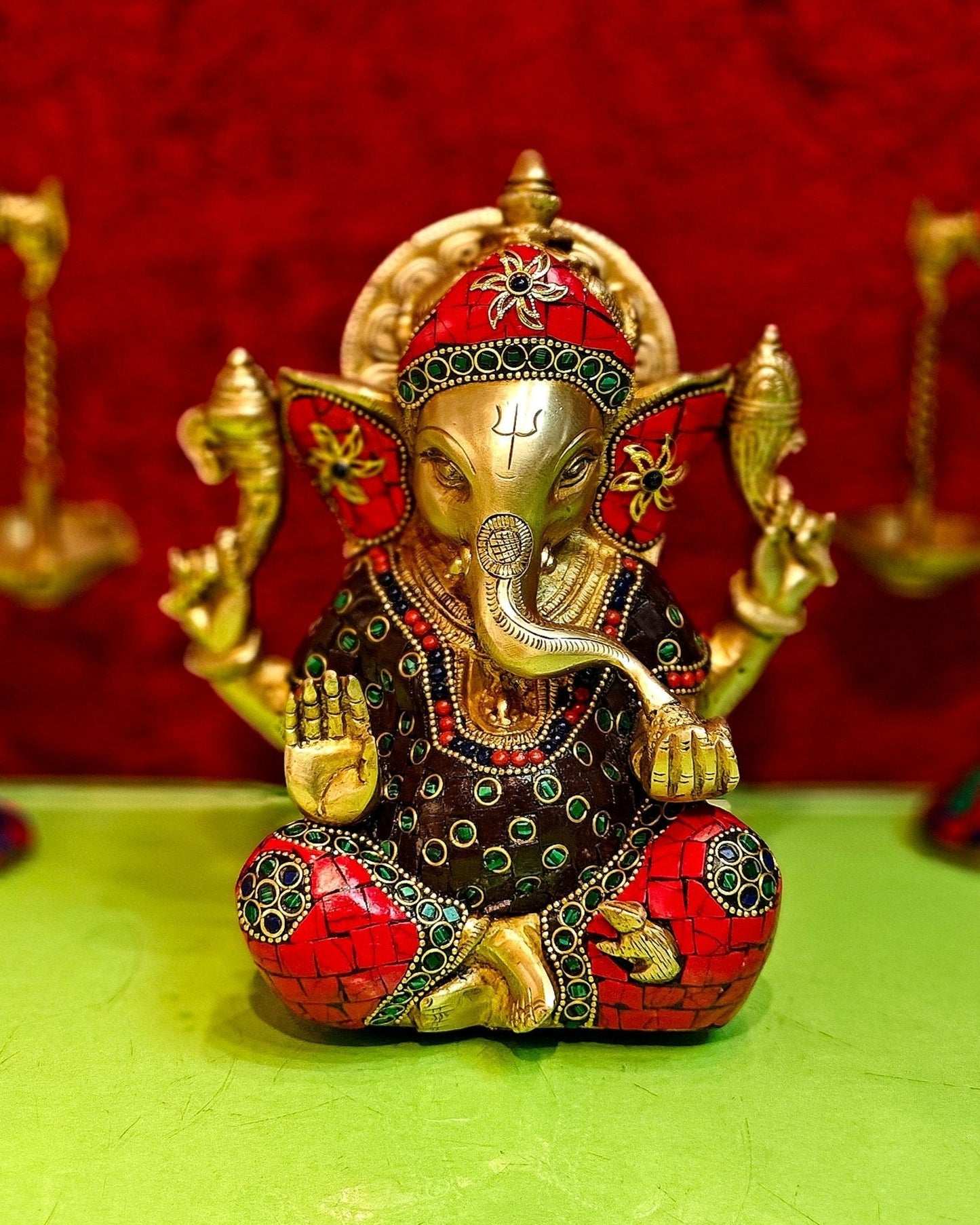 Brass Ganapathi Idol with Sharp Features - 8 Inch | 100% Certified Copper & Brass - Sama Homes Idol - Brass Sculpture