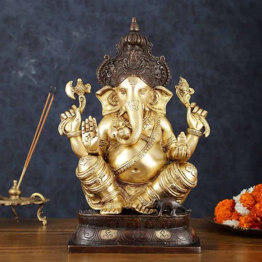 Brass Ganapati Idol – Handcrafted with Right-Side Trunk, 16" Height | 100% Certified Copper & Brass - Sama Homes Idol - Brass Sculpture