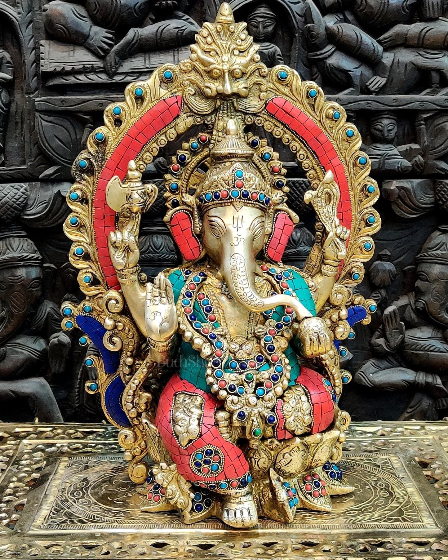 Brass Ganapati Statue on Lotus Throne with Prabhavali Arch - 15.5 | 100% Certified Copper & Brass - Sama Homes Idol - Brass Sculpture