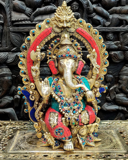Brass Ganapati Statue on Lotus Throne with Prabhavali Arch - 15.5 | 100% Certified Copper & Brass - Sama Homes Idol - Brass Sculpture