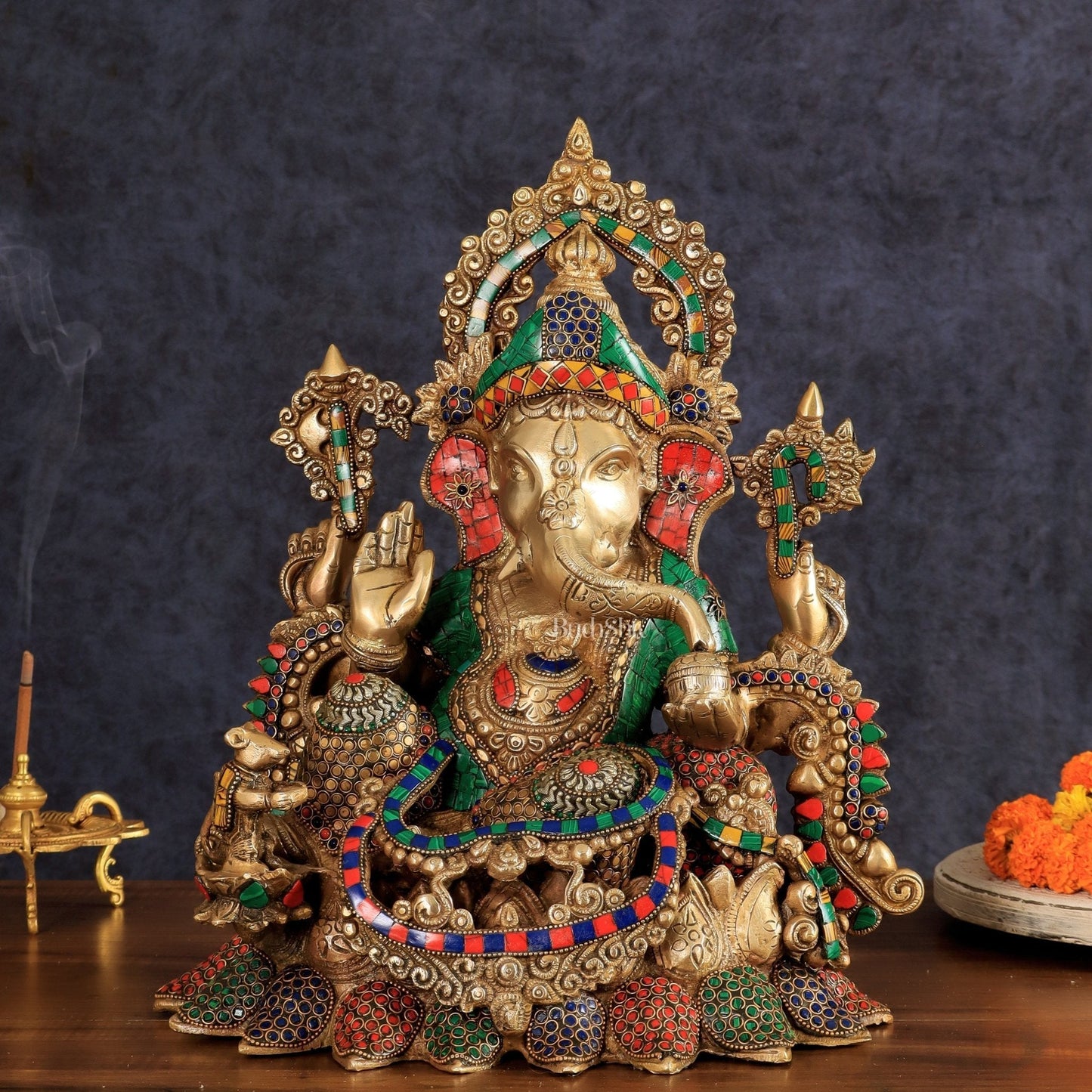 Brass Ganapati statue with sharp features - 16 inches | 100% Certified Copper & Brass - Sama Homes Idol - Brass Sculpture