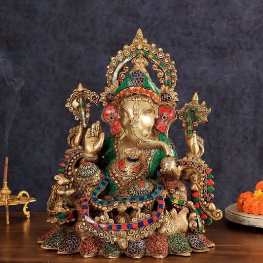Brass Ganapati statue with sharp features - 16 inches | 100% Certified Copper & Brass - Sama Homes Idol - Brass Sculpture