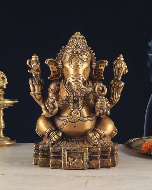 Brass Ganapati Unique Statue - Dull Gold Finish 11" | 100% Certified Copper & Brass - Sama Homes Idol - Brass Sculpture