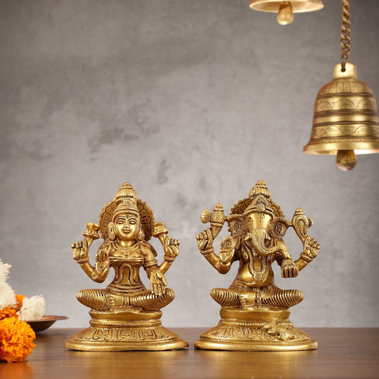 Brass Ganesh Lakshmi idols 6" | 100% Certified Copper & Brass - Sama Homes Idol - Brass Sculpture
