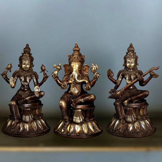 Brass Ganesh Lakshmi Saraswati set statues 15" large | 100% Certified Copper & Brass - Sama Homes Idol - Brass Sculpture