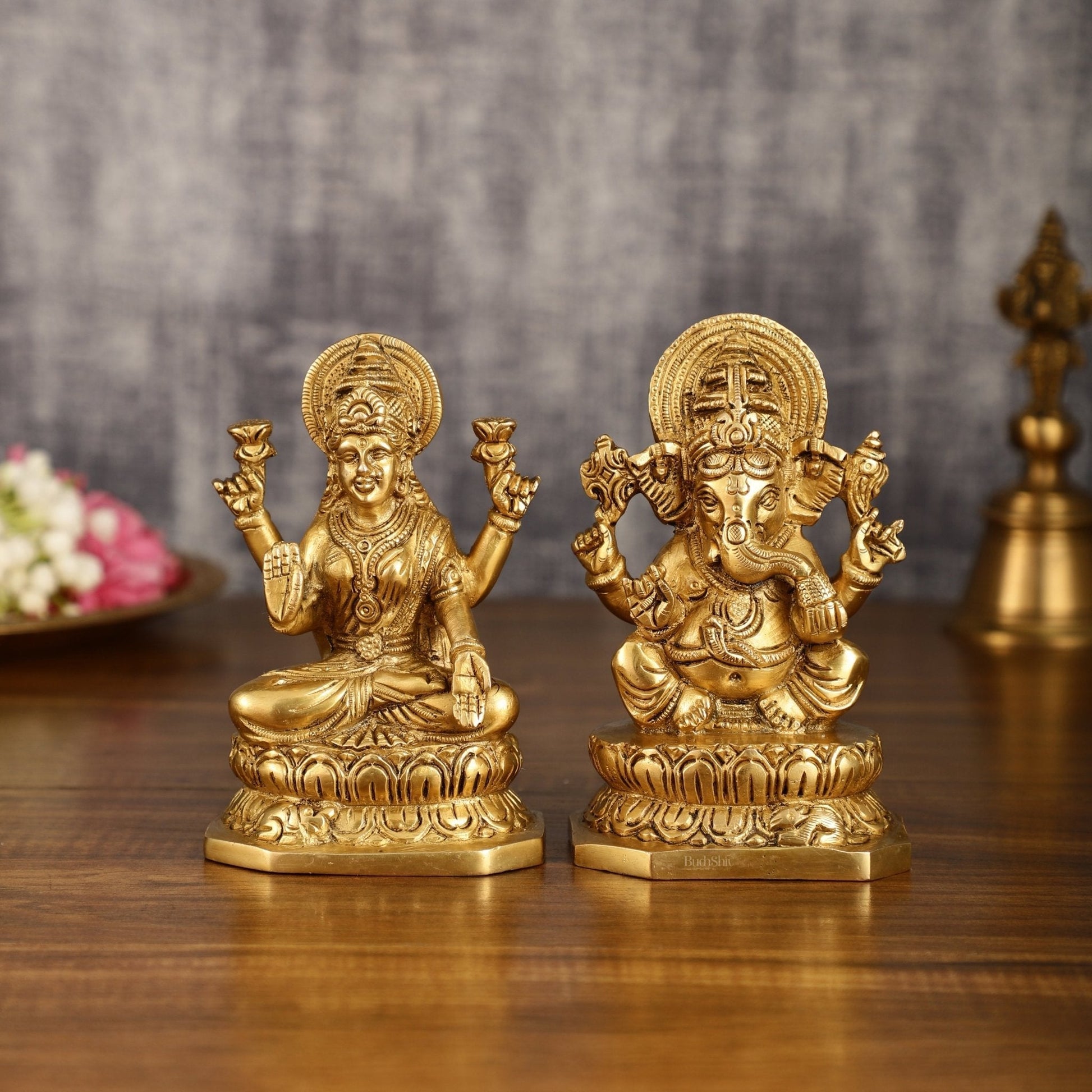 Brass Ganesha and Lakshmi Statues | 6 Inch | 100% Certified Copper & Brass - Sama Homes Idol - Brass Sculpture - Eco-friendly - Sama Homes