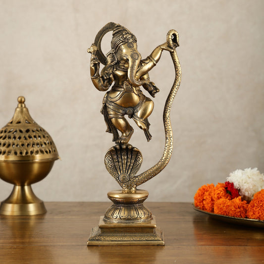 Brass Ganesha Dancing on Vasuki Naag Sculpture – 11.5 Inch | 100% Certified Copper & Brass - Sama Homes Idol - Brass Sculpture