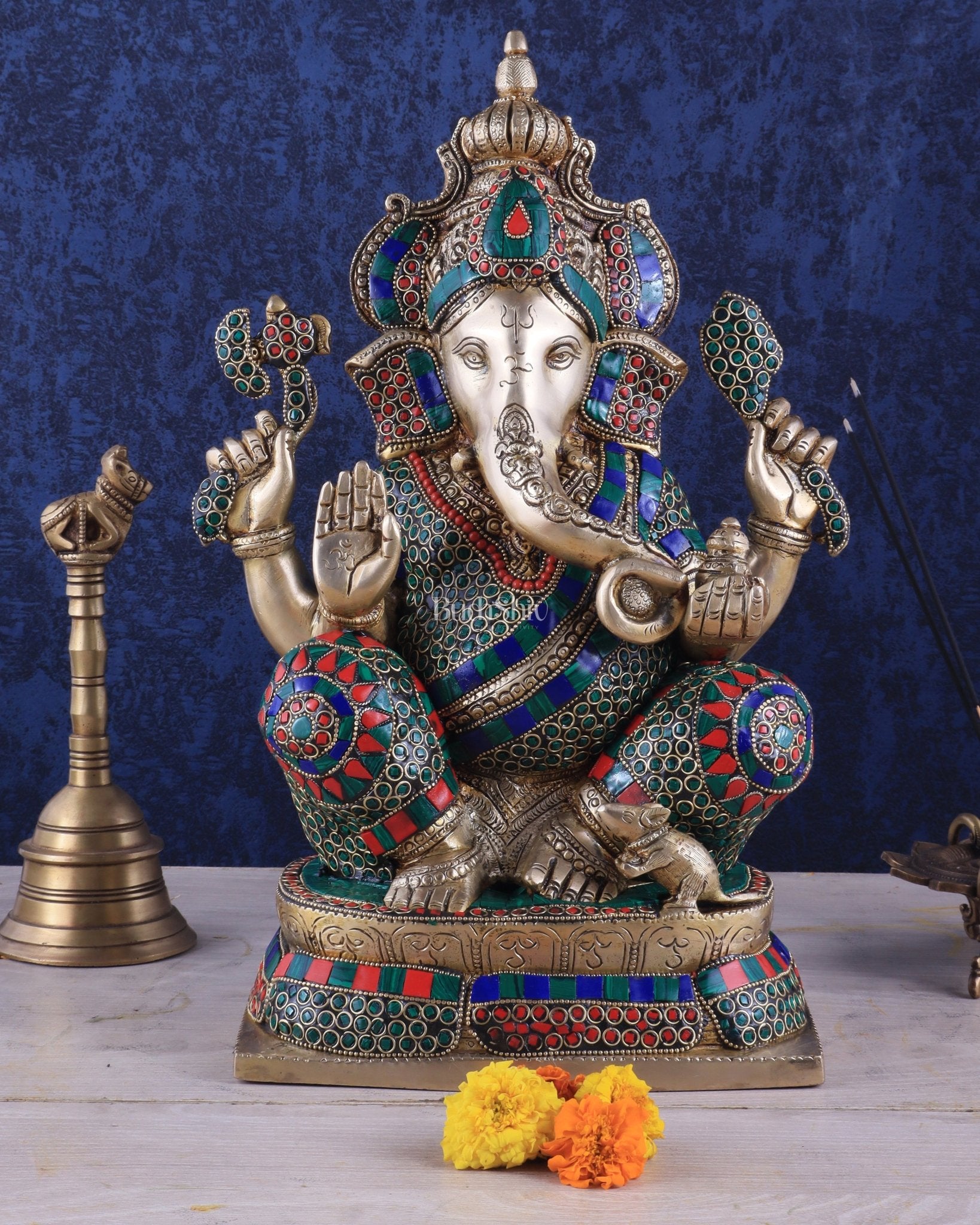 Brass Ganesha idol 16 inch sharp eyes | 100% Certified Copper & Brass - Sama Homes Idol - Brass Sculpture - Eco-friendly - Sama Homes