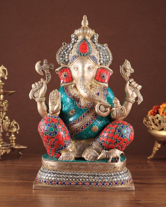 Brass Ganesha idol 16 inch with stonework | 100% Certified Copper & Brass - Sama Homes Idol - Brass Sculpture