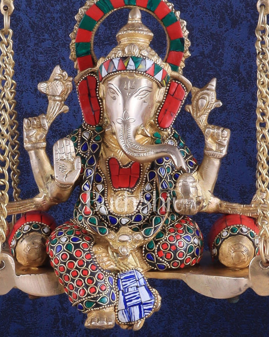 Brass Ganesha idol on large Swing jhoola - 26 inch large | 100% Certified Copper & Brass - Sama Homes Idol - Brass Sculpture