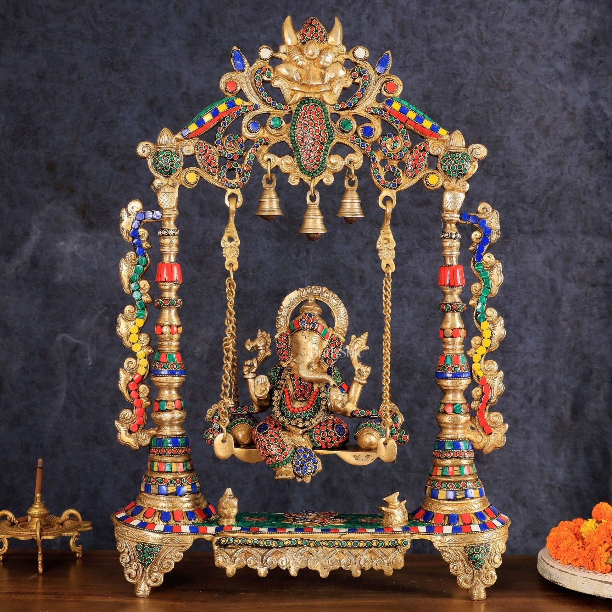 Brass Ganesha idol on large Swing jhoola - 26 inch large | 100% Certified Copper & Brass - Sama Homes Idol - Brass Sculpture - Eco-friendly - Sama Homes