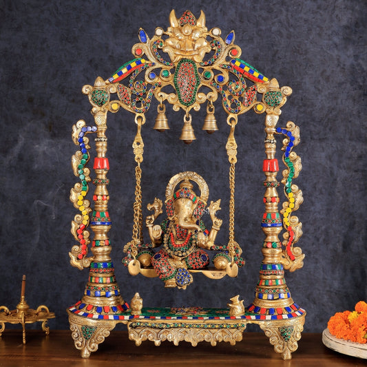 Brass Ganesha idol on large Swing jhoola - 26 inch large | 100% Certified Copper & Brass - Sama Homes Idol - Brass Sculpture