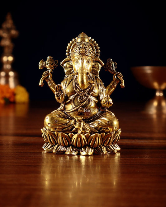 Brass Ganesha Idol on Lotus Base – Superfine Carvings in Golden Tone 3.5 inch and 4.25 inch and 4.8 inch | 100% Certified Copper & Brass - Sama Homes Idol - Brass Sculpture