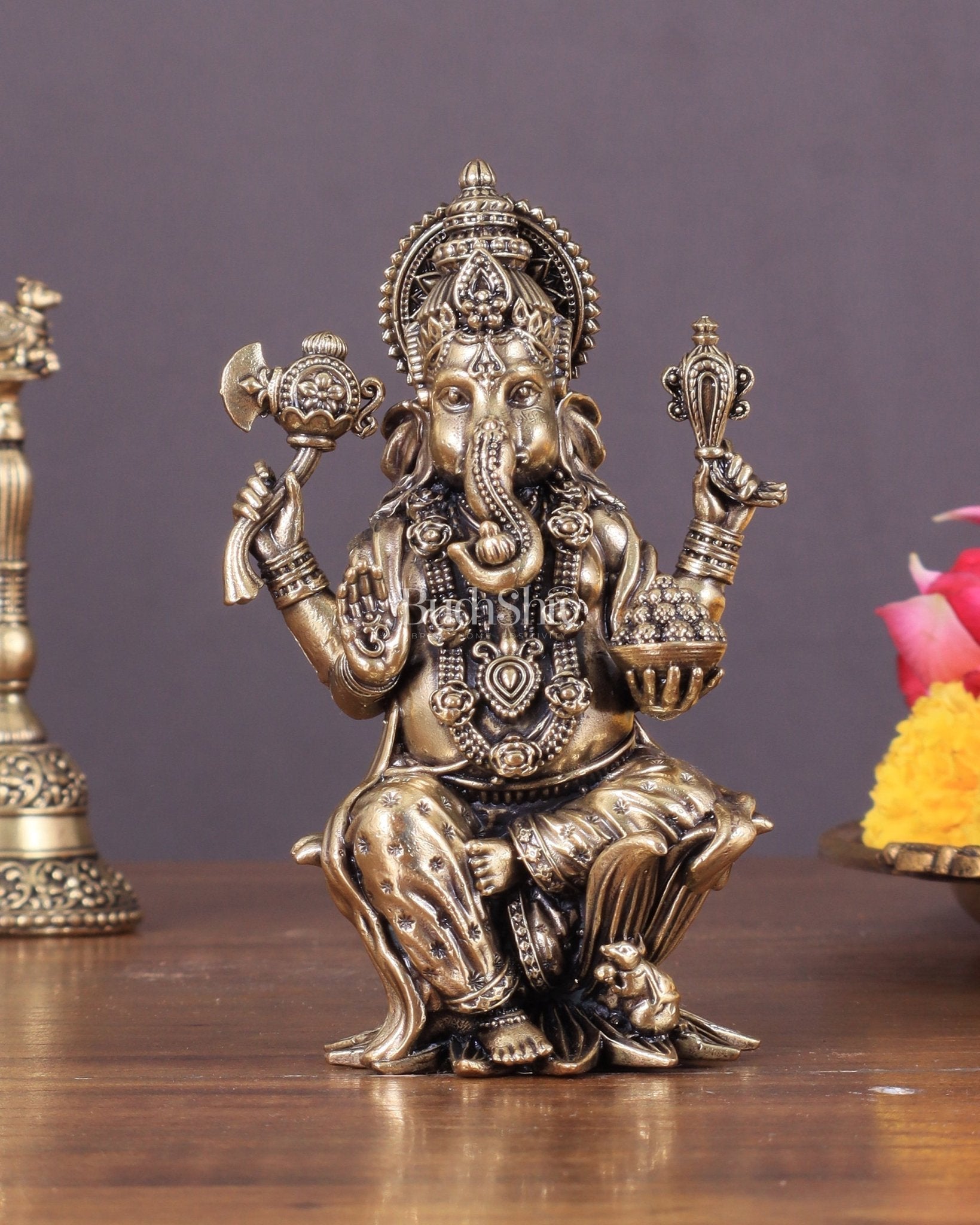 Brass Ganesha Idol Seated on Lotus 4 inch right side trunk | 100% Certified Copper & Brass - Sama Homes Idol - Brass Sculpture - Eco-friendly - Sama Homes